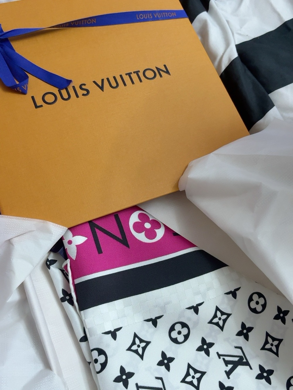 Louis Vuitton Pink, Black & White Monogram Silk Scarf